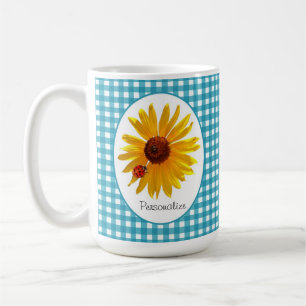 Marienkäfer-Sonnenblume-Türkis-Gingham mit Namen Kaffeetasse