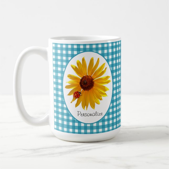 Marienkäfer-Sonnenblume-Türkis-Gingham mit Namen Kaffeetasse (Links)