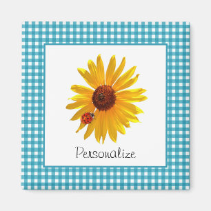 Marienkäfer-Sonnenblume-Türkis-Gingham mit Namen Magnet
