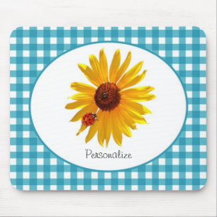 Marienkäfer-Sonnenblume-Türkis-Gingham mit Namen Mousepad