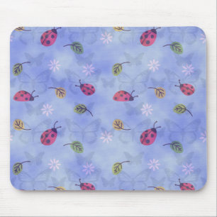 Marienkäfer und Herbstblätter Blau Mousepad