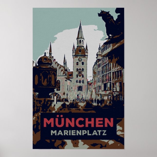Marienplatz, Illustration des Münchner Stadtzentru Poster (Vorne)