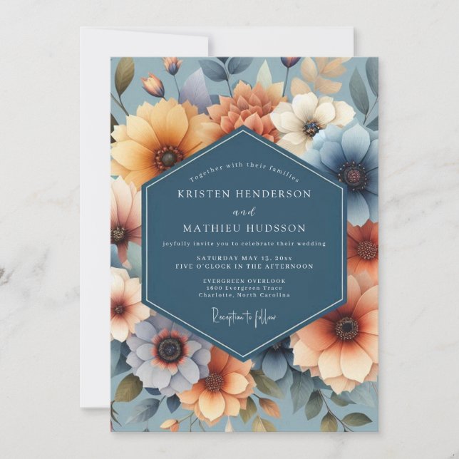 Marigold & Blue Artistic Bloom Wedding Einladung (Vorderseite)