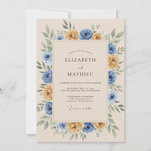 Marigold Blue Rustic Botanical Wedding Einladung (Vorderseite)