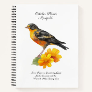 Marigold-Blume im Oktober und Bird Birth Notizbuch