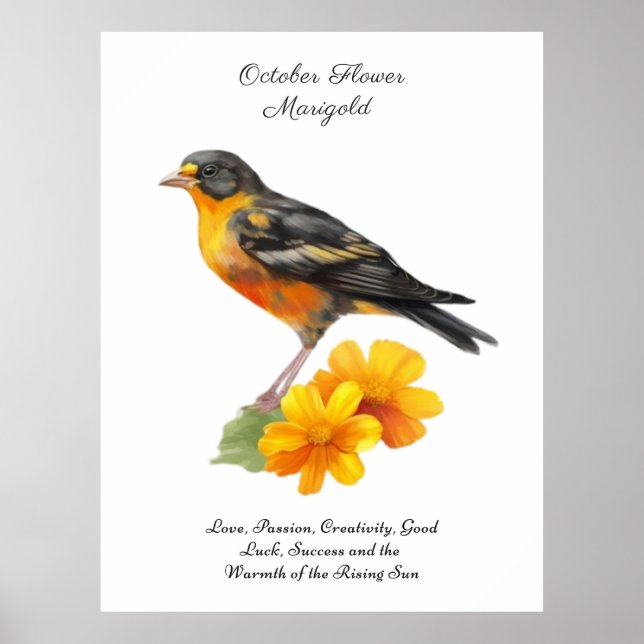 Marigold-Blume im Oktober und Bird Birth Poster (Vorne)