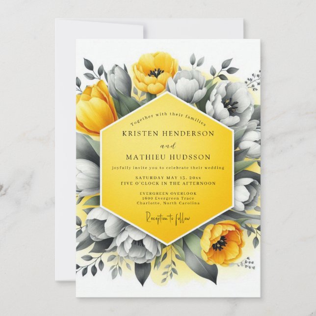 Marigold Charcoal Bloom Wedding Einladung (Vorderseite)