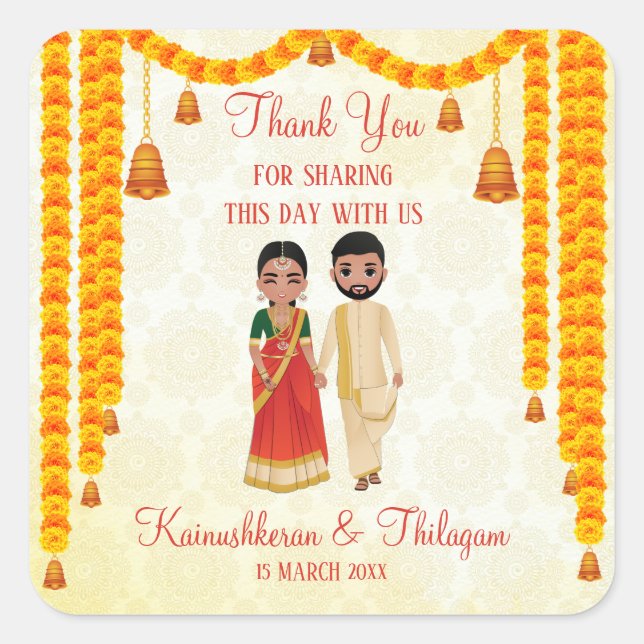 Marigold Garlands Glocken mit Tamil Telugu Hochzei Quadratischer Aufkleber (Vorderseite)