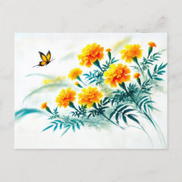 Marigold mit Monarch Butterfly Asian Tinte bemalt Feiertagspostkarte