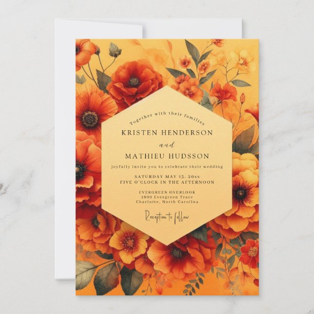 Marigold Painterly Poppy Wedding Einladung (Vorderseite)