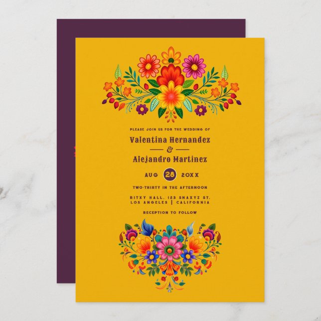 Marigold & Plum Mexican Folk Art Fiesta Wedding Einladung (Vorne/Hinten)