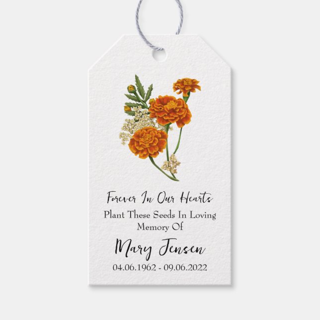 Marigold Seed Packet Memorial Begräbnismarken Geschenkanhänger (Vorderseite)
