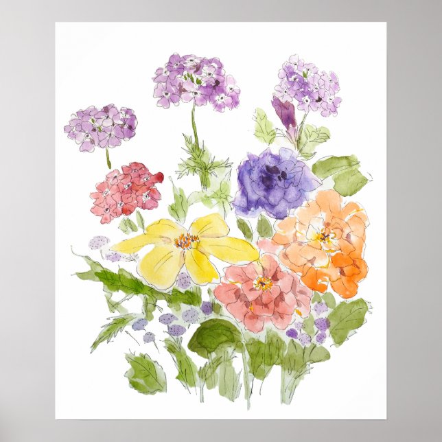 Marigold Verbena und Petunia Tinte und Aquarell Poster (Vorne)