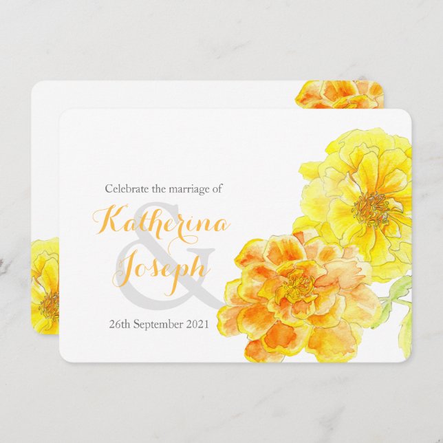 Marigolds Aquarellgelbe Hochzeit einladen Einladung (Vorne/Hinten)