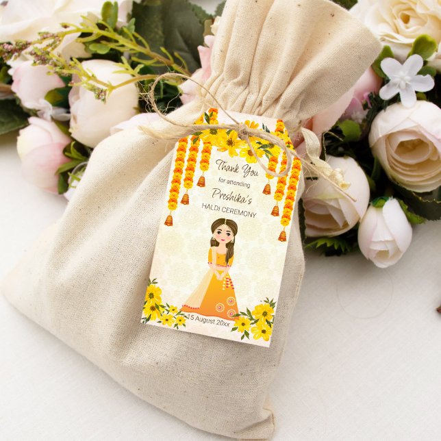 Marigolds niedlich indisches Mädchen Haldi persona Geschenkanhänger (Marigolds cute Indian girl Haldi personalized Gift Tags)