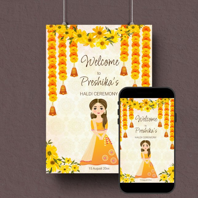 Marigolds niedlich indisches Mädchen Haldi Sondere Poster (Girls Haldi Indian wedding welcome sign template digital download cute girl marigold garlands)