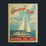 Marina del Rey Sailboat Vintage Reise California Postkarte<br><div class="desc">Diese Grüße von Marina del Rey California Vintage Reise nautische Design verfügt über ein Boot, das auf dem Wasser mit Möwen und einen blauen Himmel gefüllt mit prächtigen puffigen weißen Wolken.</div>
