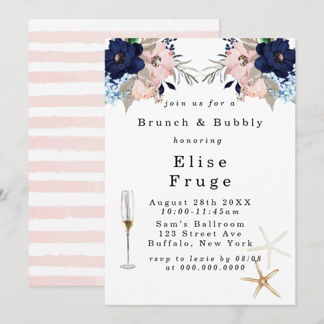 Marina Nautical Blooms Brunch & Bubbly Einladung (Vorne/Hinten)