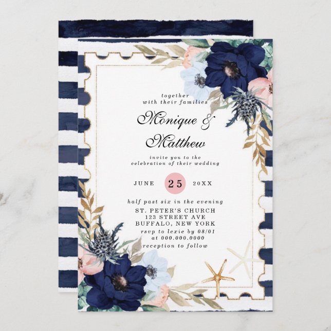 Marina Nautical Blooms Navy Blush Pink Wedding Einladung (Vorne/Hinten)