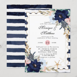 Marina Nautical Blooms Navy Blush Pink Wedding Einladung