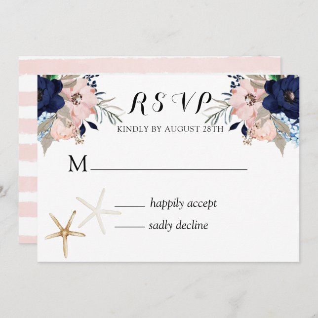 Marina Nautical Blooms Navy Blush Wedding RSVP in Einladung (Vorne/Hinten)