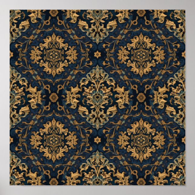 Marinblau Gold Barock Damast Muster Poster (Vorne)
