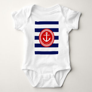 Marinblaue Anker-Monogramm auf Rot im Vornehm-Naut Baby Strampler