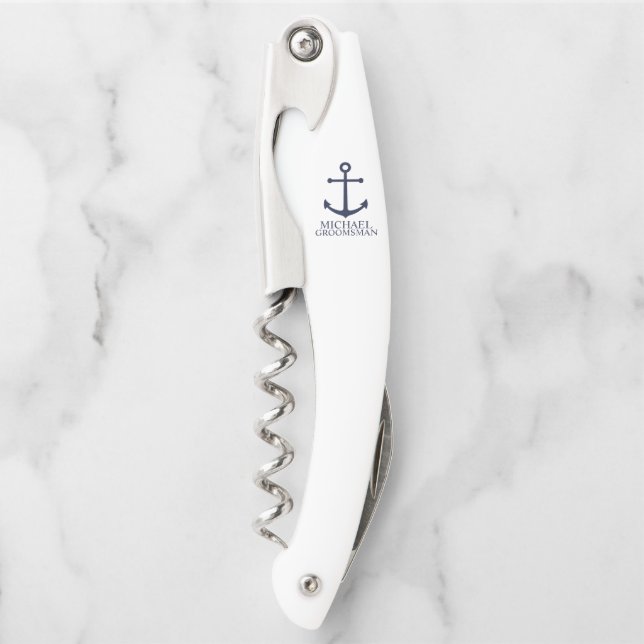 Marinblaue Anker-Personalisierung für Trauzeugen Kellnermesser (Vorderseite)