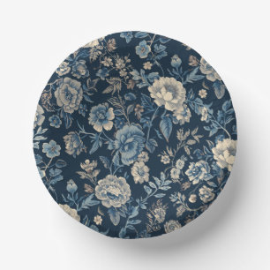 Marinblaue Vintage-Blumen-Botanik-Muster Pappteller