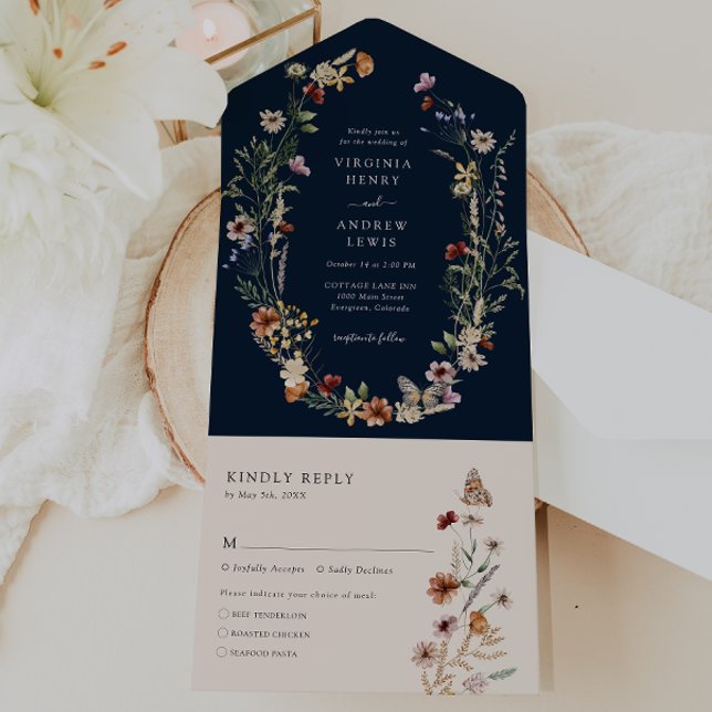 Marine All in One Wedite Einladung (Navy Blue Floral All in One Wedding Invite by Painted Paperie
)