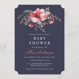 Marine-Aquarell-laden Blumenmohnblumen-Babyparty Einladung