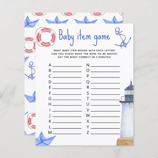 Marine Baby Item Game. Baby Shower Game (Vorne/Hinten)