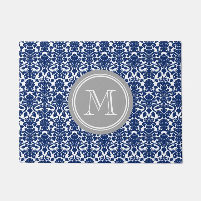 Marine-Blau-Damast-graue Monogramm-Fußmatte Fußmatte (Vorderseite)