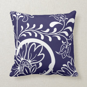 Marine-Blau des moderner Damast-Blumenmuster- Kissen