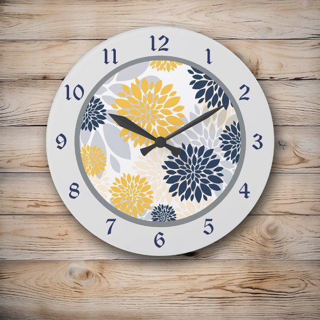 Marine-Blau-Gelb-Blumen-Grafik Große Wanduhr (Von Creator hochgeladen)