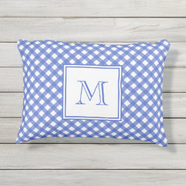Marine-Blau-Gingham-Muster-Monogramm-Kissen im Kissen Für Draußen