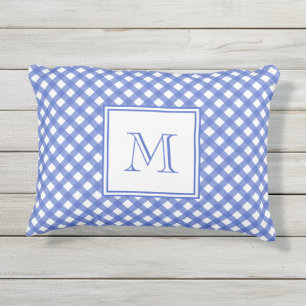 Marine-Blau-Gingham-Muster-Monogramm-Kissen im Kissen Für Draußen