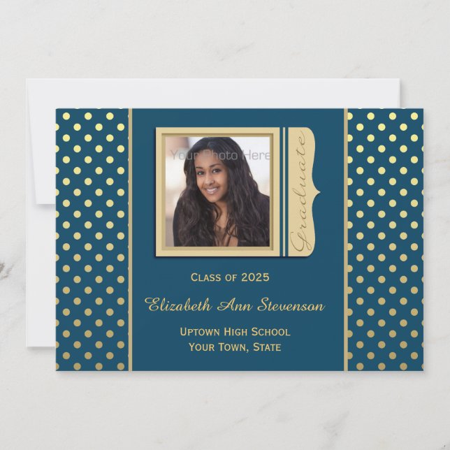Marine-Blau, Goldpolka-Punkte, Abschluss-Foto Einladung (Vorderseite)