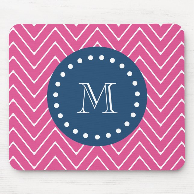 Marine-Blau, heißes Rosa Zickzack | Ihr Monogramm Mousepad (Vorne)