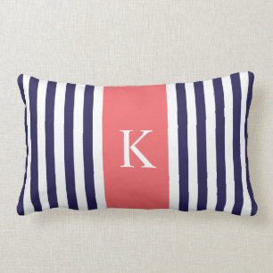 Marine-Blau-Koralle Stripes Monogramm Lendenkissen