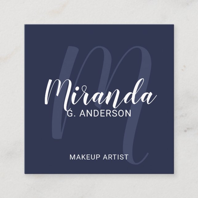 Marine-Blau-modernes Skript-Monogramm und Name Quadratische Visitenkarte (Vorderseite)