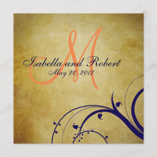 Marine-Blau-orange Vintage Hochzeits-Einladung Einladung