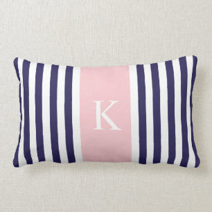 Marine-Blau-Pastellrosa Stripes Monogramm Lendenkissen