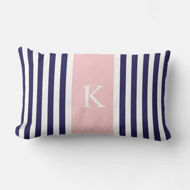 Marine-Blau-Pastellrosa Stripes Monogramm Lendenkissen (Vorderseite)