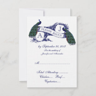 Marine-Blau-Pfau-Hochzeit UAWG RSVP Karte