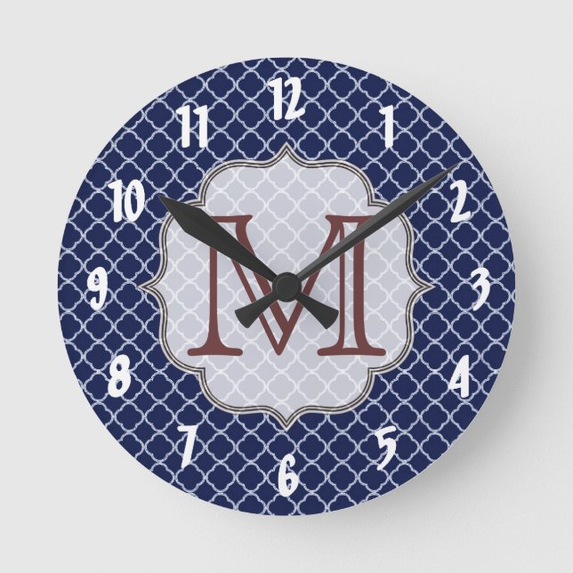 Marine-Blau Quarterfoil Latti Monogramm-Wanduhr Runde Wanduhr (Vorderseite)