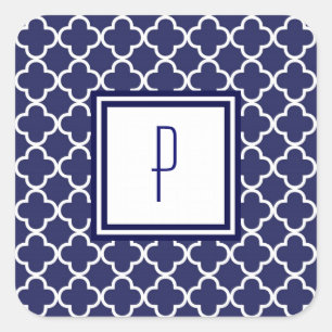 Marine-Blau Quatrefoil Monogramm-Aufkleber Quadratischer Aufkleber
