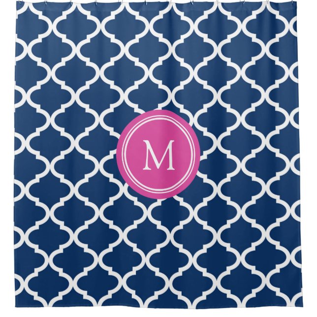 Marine-Blau Quatrefoil rosa Monogramm-Duschvorhang Duschvorhang (Vorderseite)