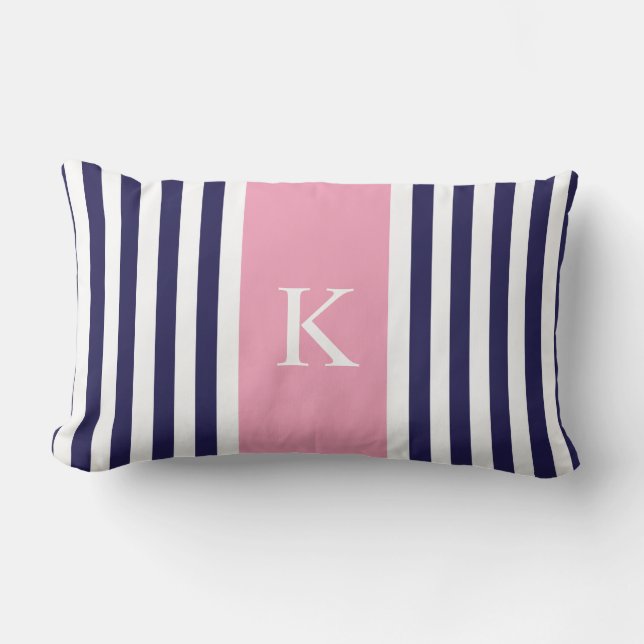 Marine-Blau-Rosa Stripes Monogramm Lendenkissen (Vorderseite)