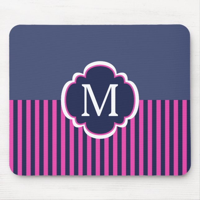 Marine-Blau-Rosa Stripes Monogramm Mousepad (Vorne)
